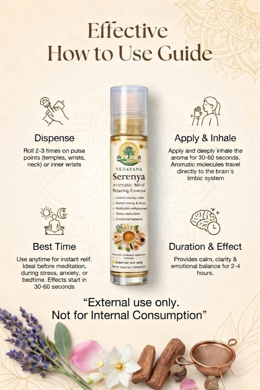 Serenya bottle with usage instructions and product details on a beige background.