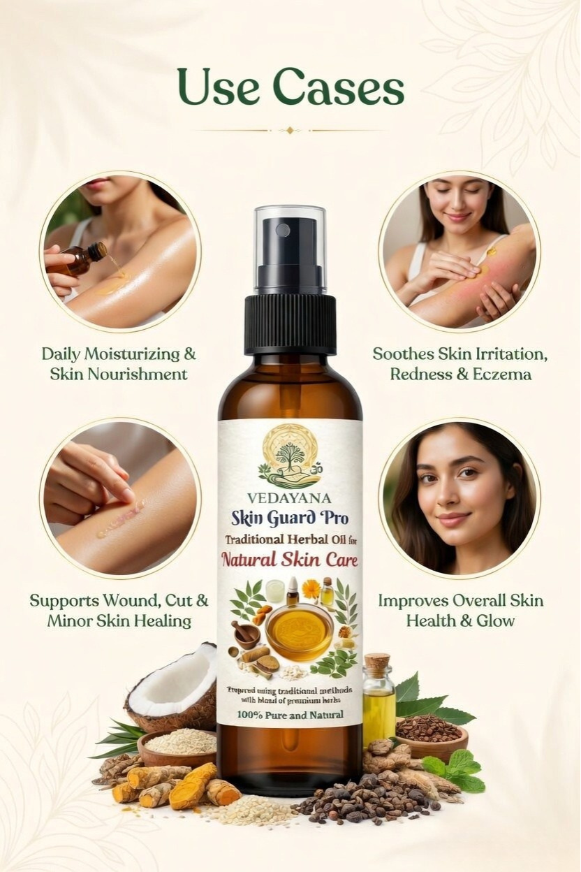 Vedavana Skin Guard Pro bottle with uses and benefits on a beige background